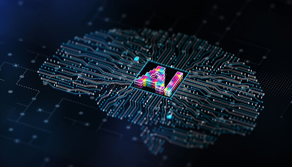 A 3D render of an AI chip surrounded by blue and grey networks forming the shape of a brain.