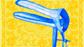 Illustration of a blue speculum lying on a dark yellow lace overlay. Beneath lies a light yellow background.