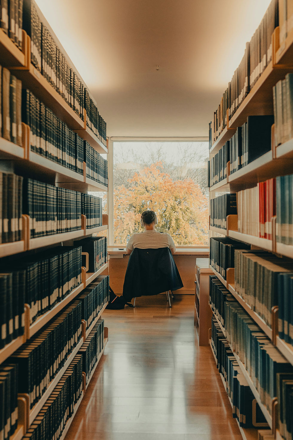 Person seated in a quiet library aisle between tall bookcases, facing a window with autumn trees outside.