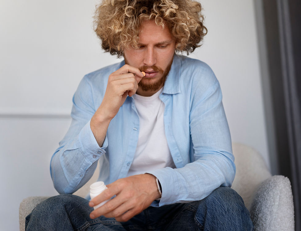 Curly-haired man in a light blue shirt takes a pill from a bottle, sitting indoors with a focused, concerned expression.