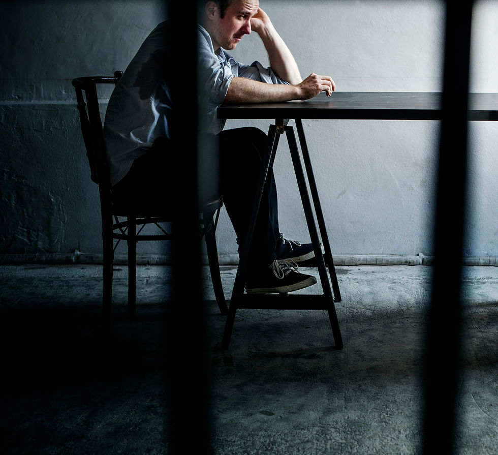 In the background, a man is sitting at a table, with his arms leaning on the table. In the foreground are the bars of a cell. 