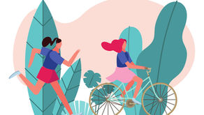 Abstract illustration of a woman running and another woman riding a bicycle. Behind them are tall leaves.