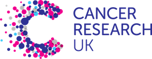 Oblong logo shape with a 'c' rendered as a graphic image made from coloured dots - grey, purple, blue and pink as if the dots are flying away from the image - this is on the left. On the right are the words 'cancer research uk' in block capitals in purple.
