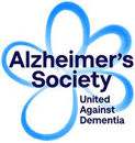 Square logo with a blue outline, rounded corners. Inside is a loosley drawn flower shape in blue line. Across the flower shape are the words in bold darker blue: 'Alzheimer's Society' and underneath that in the bottom right quarter of the square is smaller text: 'United Against Dementia'. Melanie Crawley Voice Actor has performed voiceover for commercials for this company.
