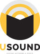 Vertical rectangle logo shape with a circular graphic at the top taking up most of the space. It has yellow and black sections, evoking the idea of sound waves and a microphone. 'U Sound' is written beneath in block letters. The 'U' is yellow' 'Sound' is black. Small text in back beneath that says 'giving authors a voice'. Melanie Crawley is a narrator for this company.