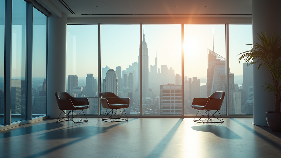 Eye-level view of a modern office space with a large window showcasing a city skyline