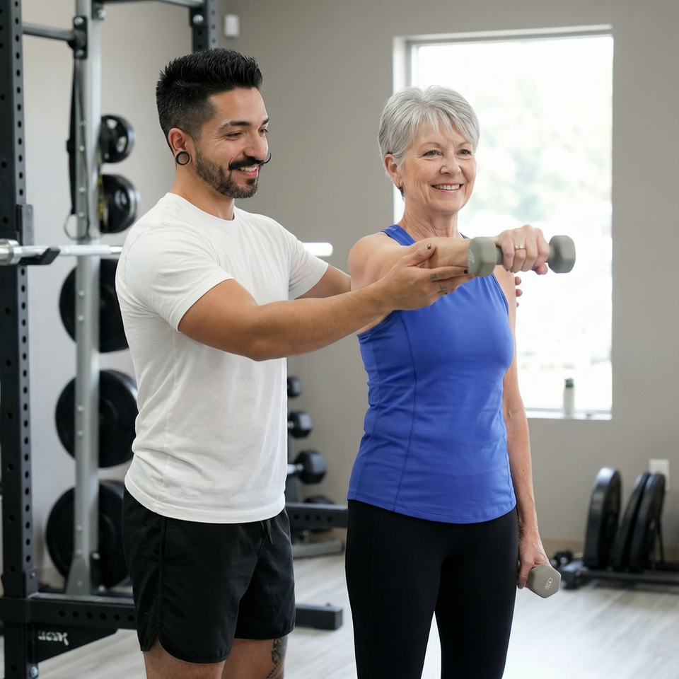 Trainer assisting woman with dumbbell, Flexing Personal Training, at Lakewood Colorado gym.