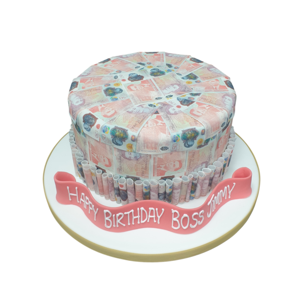 Bespoke cake shaped like a money stack with edible notes, perfect for celebration in Solihull, West Midlands.