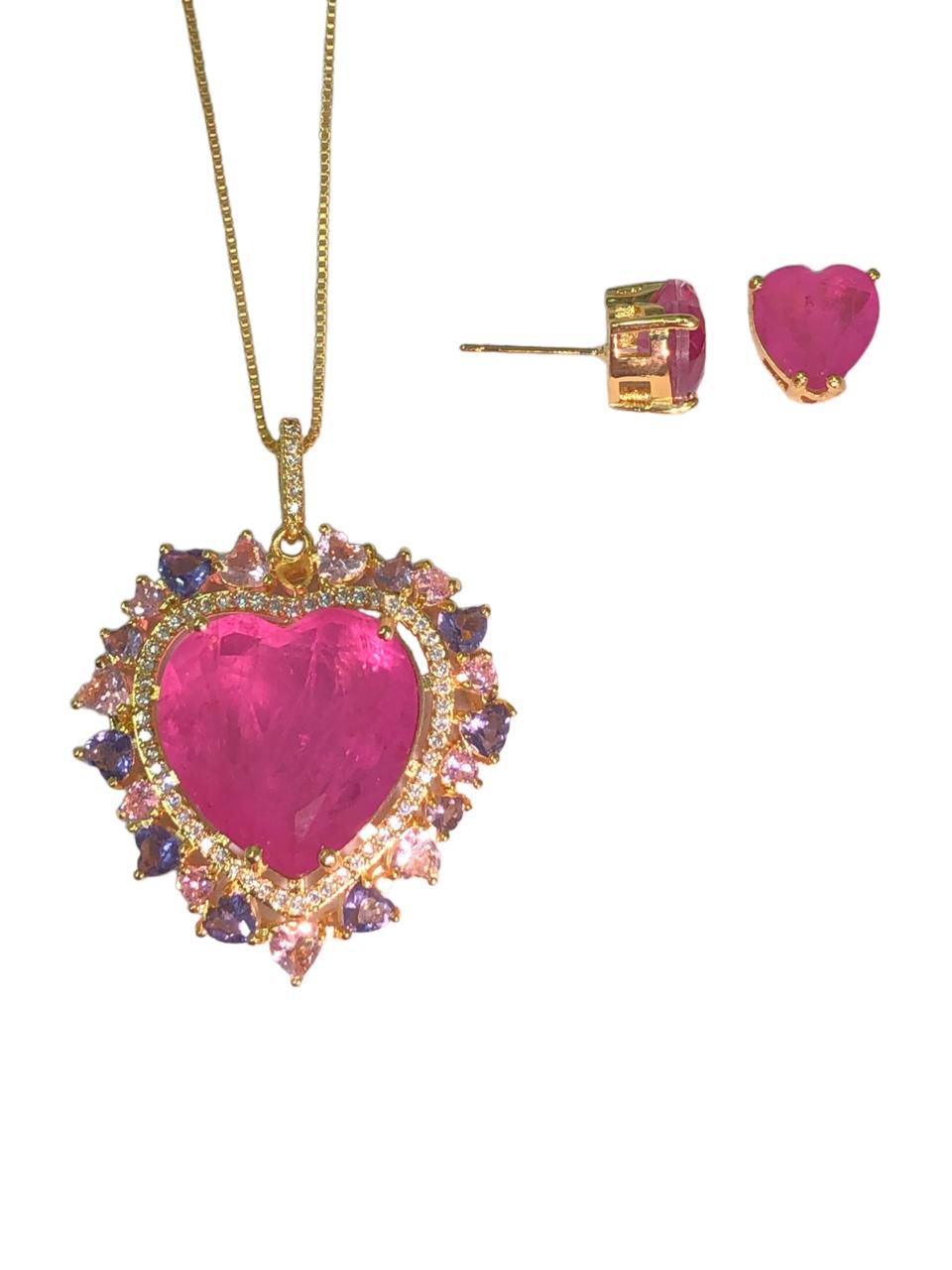 Miniatura: Conjunto Colar e Brinco Coração  Cravejado Luxo Banhado a Ouro 18k-750