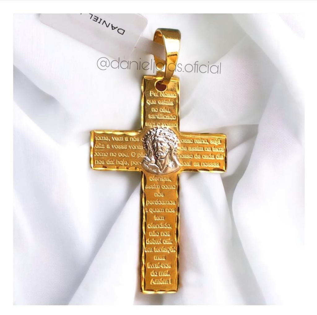 Pingente Cruz Oraçao Com Ródio Branco Banhada a Ouro 18k-750