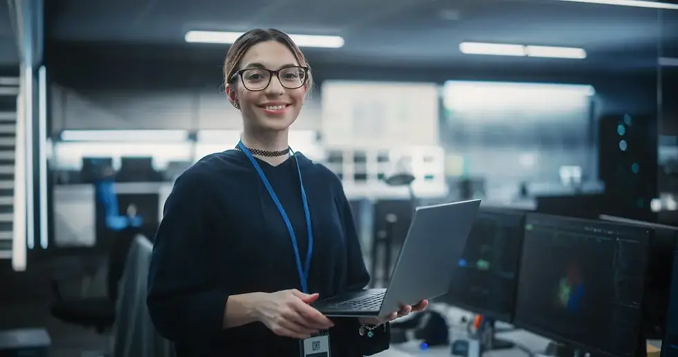 business woman wearing eyeglasses with holding her laptop