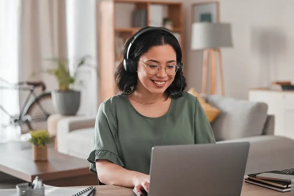 woman happy working while wearing headset