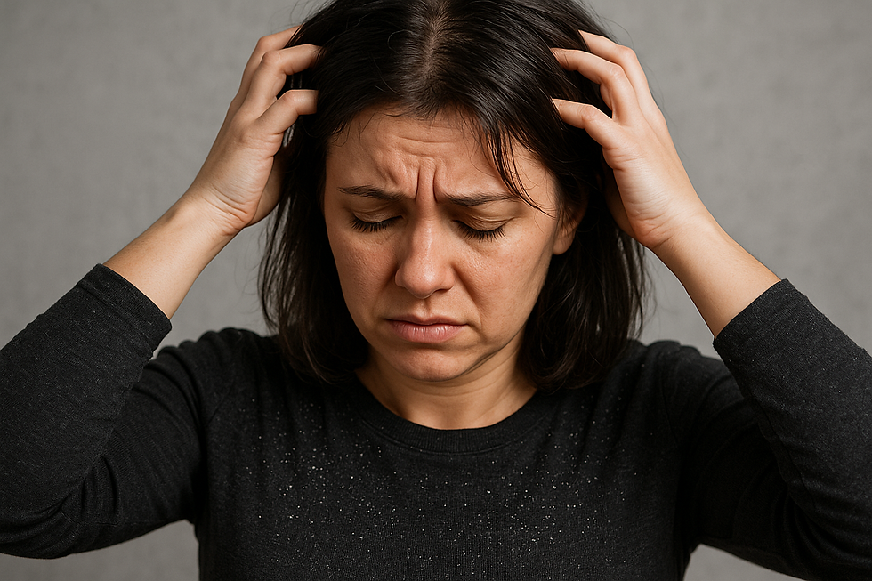 woman suffering from oily hair and dandruff. dandruff flakes on clothes.