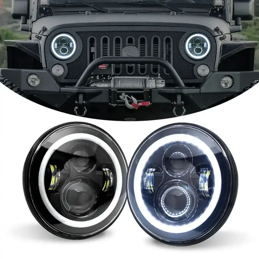 Thumbnail: 7inch Headlight With White-Yellow Halo Chrome Color –Black Box in Pairs