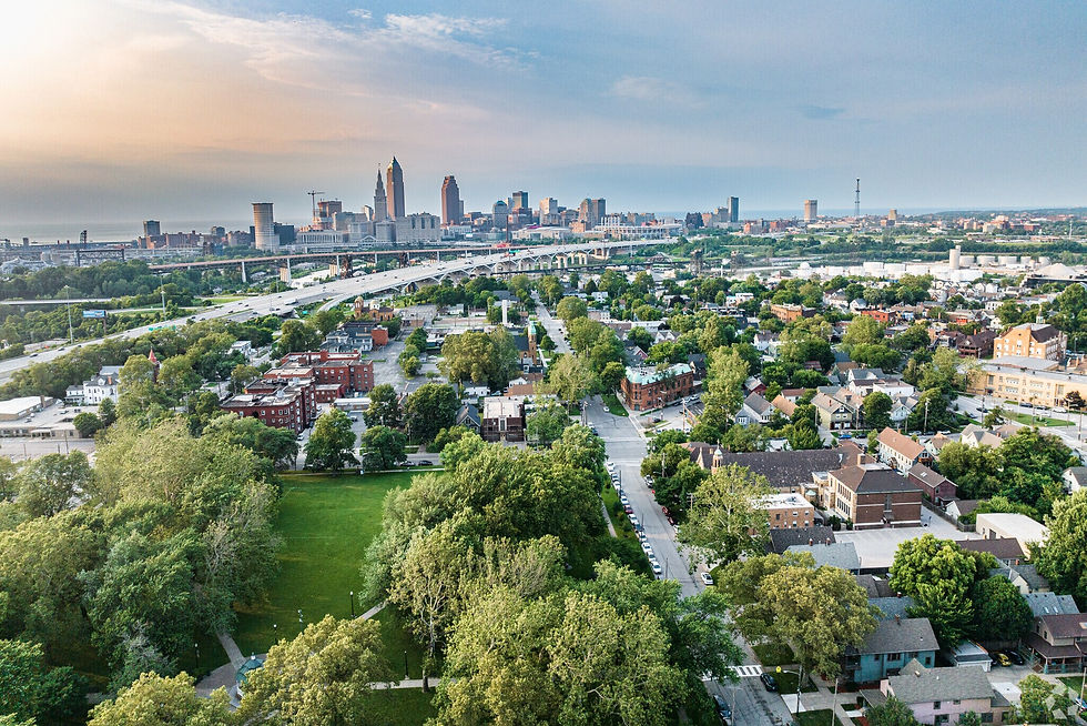 Aerial view of a city skyline with tall buildings, highways, and lush green neighborhoods during sunset. Rooftops and trees are visible.