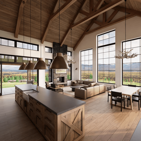 Spacious living room with large windows showing mountain views. Wooden beams, stone fireplace, antler chandeliers, and neutral-toned furniture.