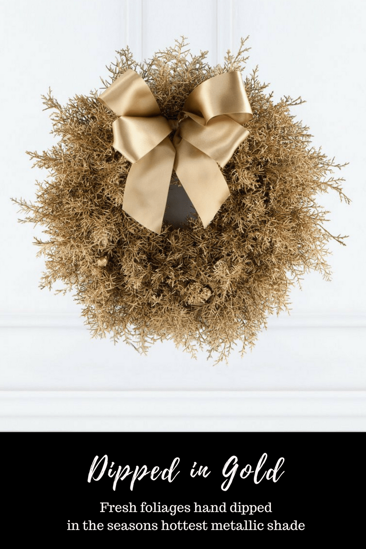 Fresh foliages hand dipped in the seasons hottest metallic shade really brings The Luxe Door Wreath to life Hayford and Rhodes