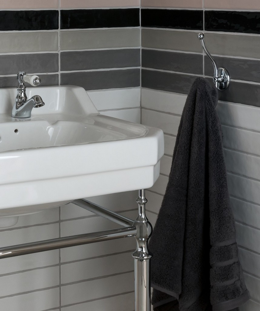 long rectangular pink gloss wall tiles in eclectic bathroom decor