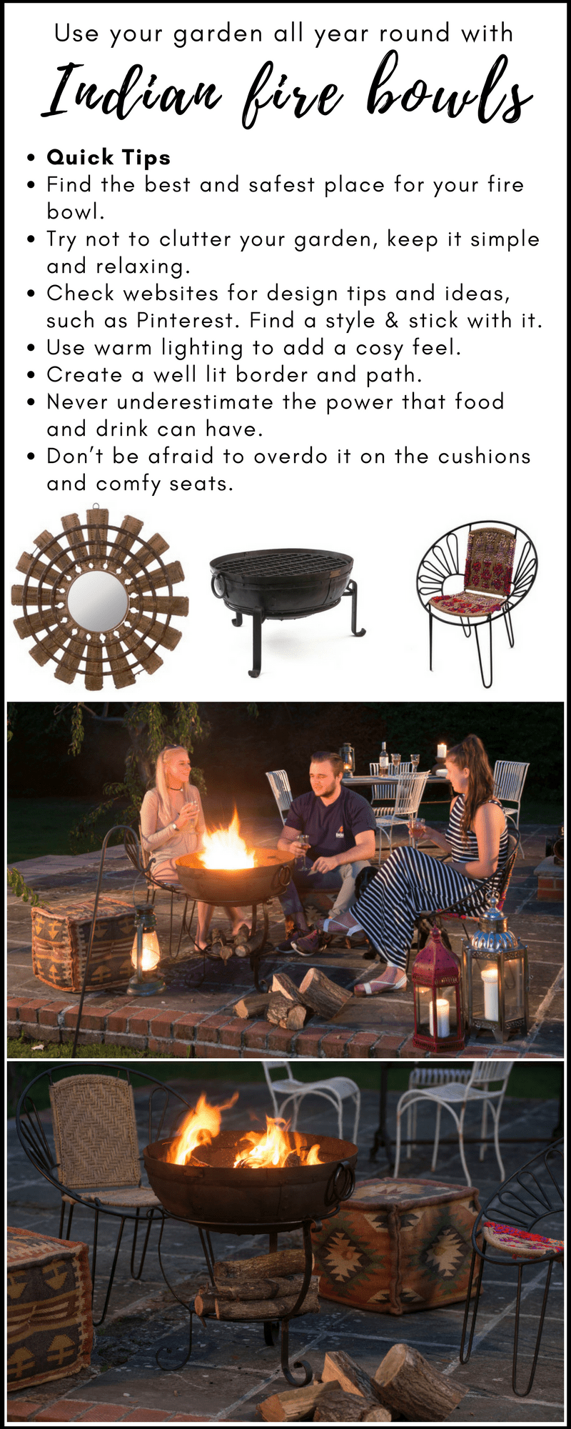 People having a barbeque around an indian fire bowl in their garden, with moroccan outdoors lanterns and indian pouffes