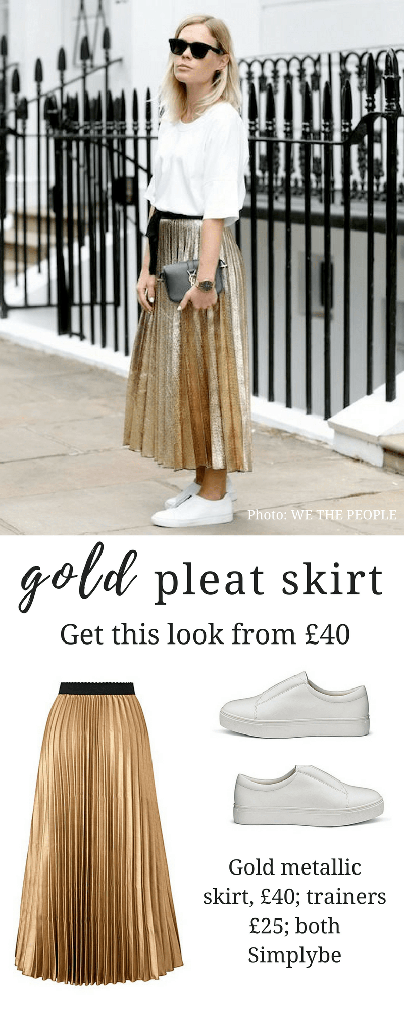gold pleat skirt BCBG white slip on trainers and black sunglasses YSL bag