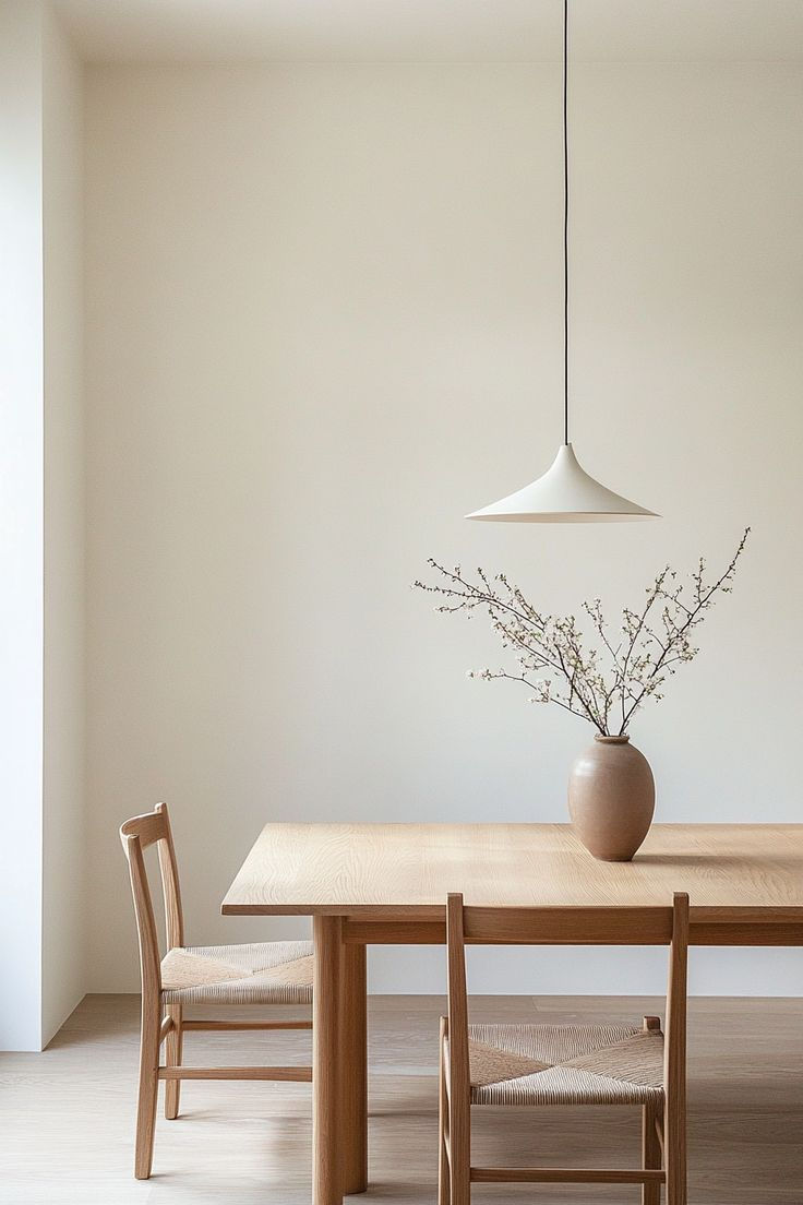 Minimalist dining room with wooden table, two chairs, and a vase of branches. Beige walls, hanging white lamp, serene and elegant.