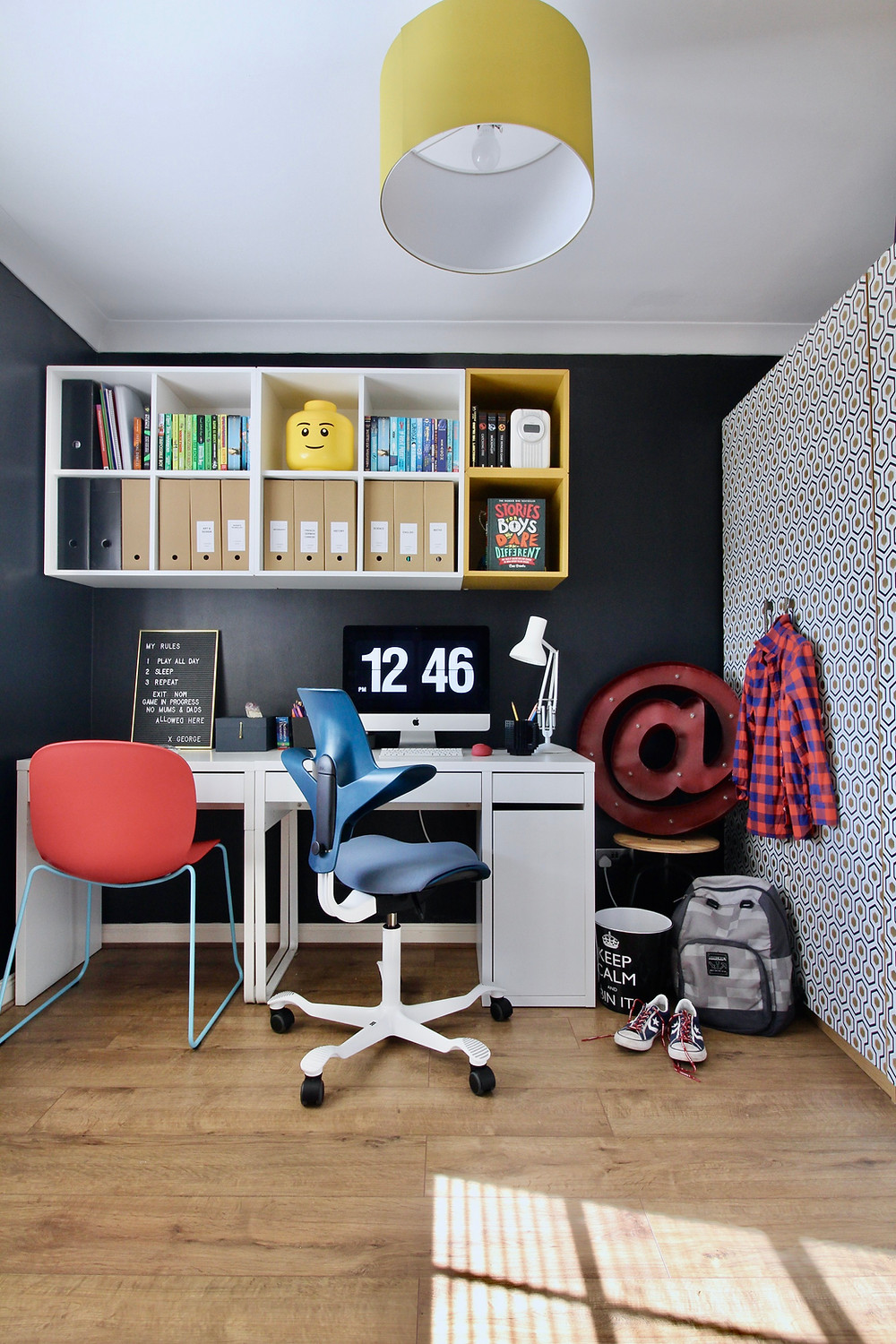 Spare room turned home office for a teenager | seasonsincolour.com interiors blog | wall painted in Dulux Cobalt Night | Flokk Capisco Puls 8020 and PAX Wardrobe ikea hack, IKEA EKET SHELVES