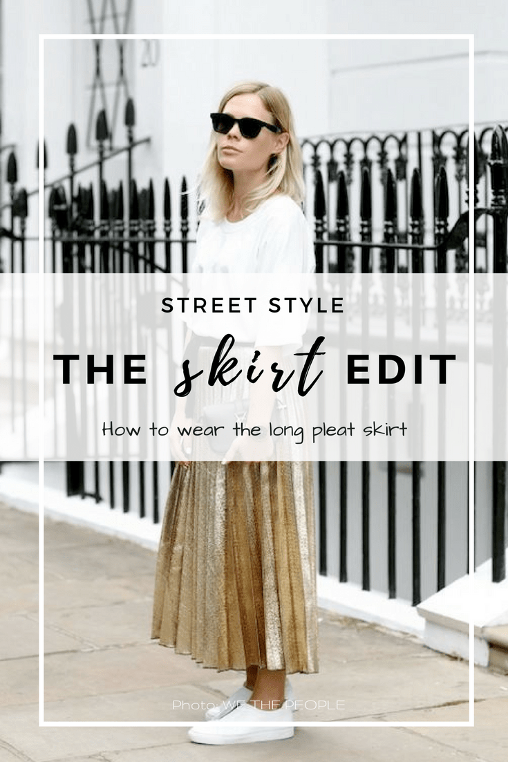 gold pleat skirt BCBG white slip on trainers and black sunglasses YSL bag