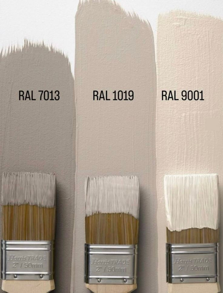 Three paintbrushes with beige paint swatches labeled RAL 7013, RAL 1019, RAL 9001 on a textured wall. Brushes show different shades.