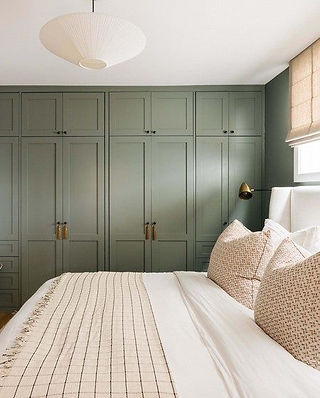 Open green wardrobe in a modern bedroom, showing clothes and shoes. Soft lighting, wooden floors, and a bed with a plant nearby.