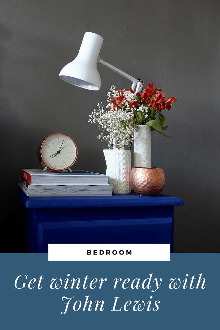 Winter Ready with John Lewis Farrow and Ball Mole's Breath Anglepoise mini in Alpine and copper accessories, Annie Sloan Napoleonic Blue