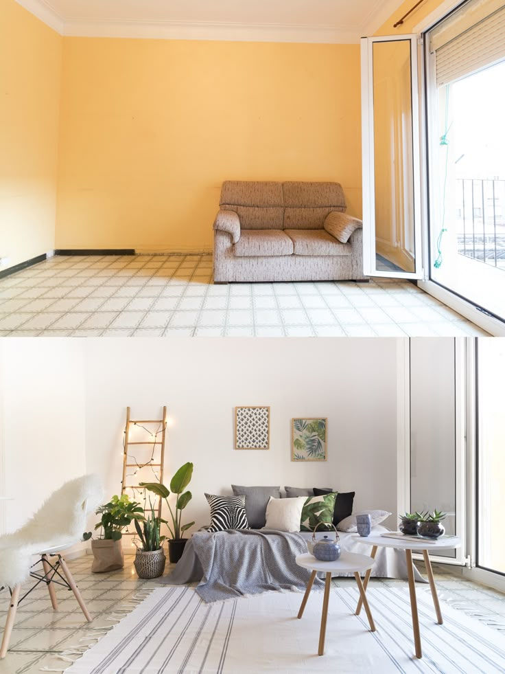 Room transformation: a simple sofa in a bare, yellow room becomes a cozy lounge with plants, patterned cushions, and a modern decor.