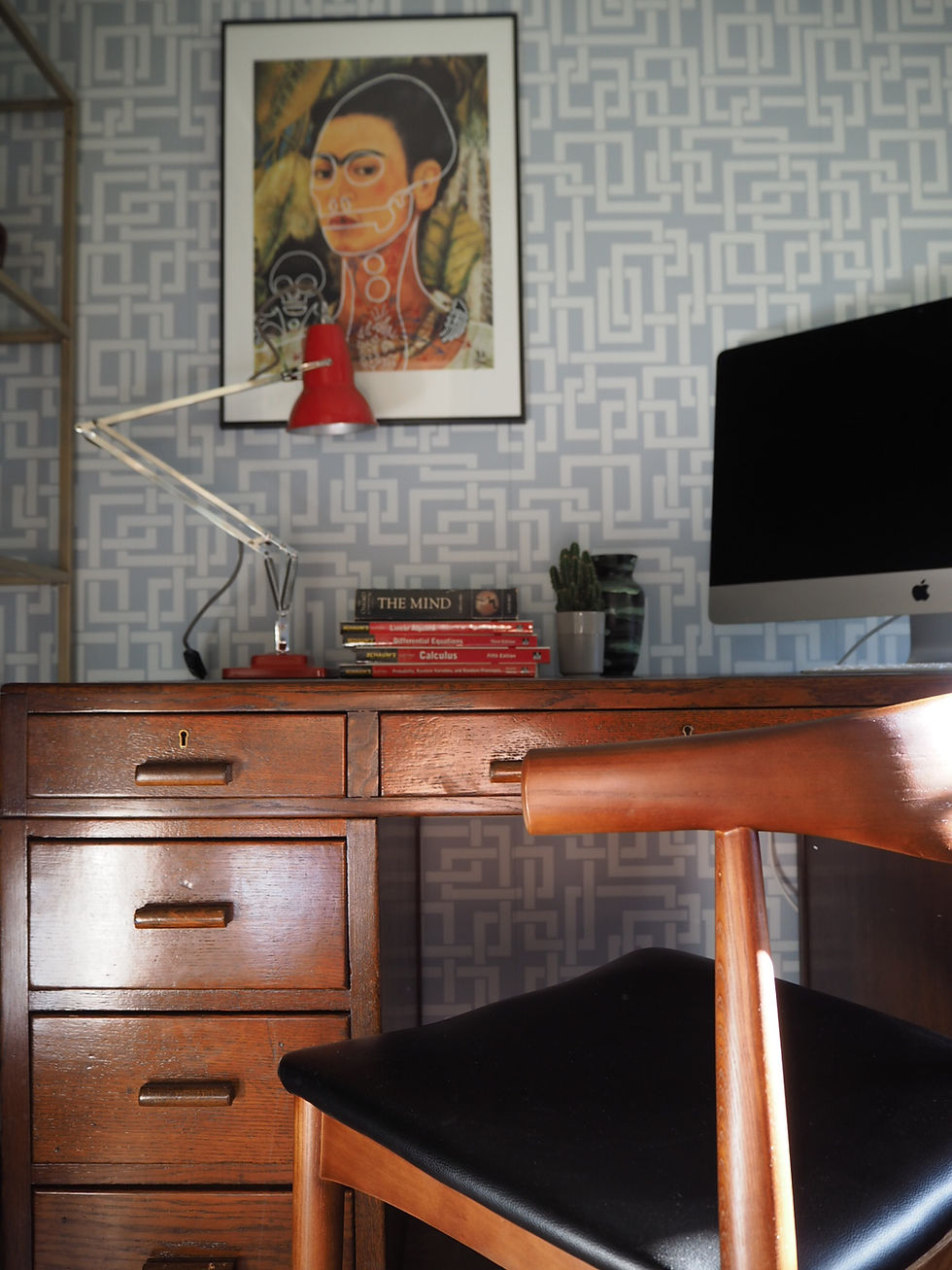 Enigma wallpaper in blue, mid century desk, Hailey chair Made.com and red Anglepoise desk lamp, Butch Anthony, IKEA bookcase hack