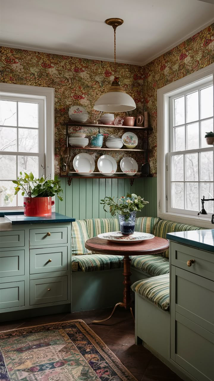 Cozy kitchen with green cabinets, floral wallpaper, and a window. A table holds a vase and plant. Plates and pots on shelves. Warm, inviting mood.