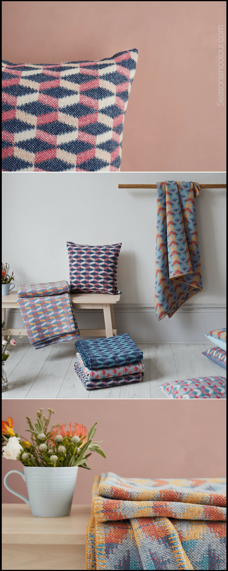 cushions and throws in colourful geometric patterns by Rowenna Mason. Interior decor ideas
