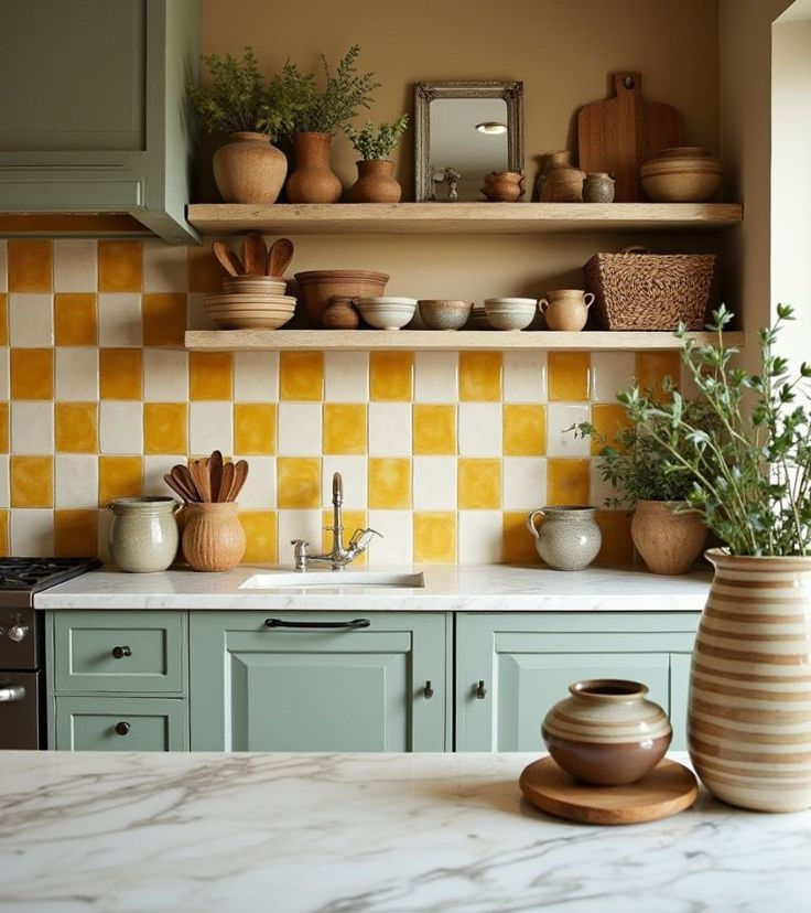 Pastel green kitchen with yellow and white tiled backsplash, wooden shelves holding pottery, plants, and jars. Marble countertop adds elegance.