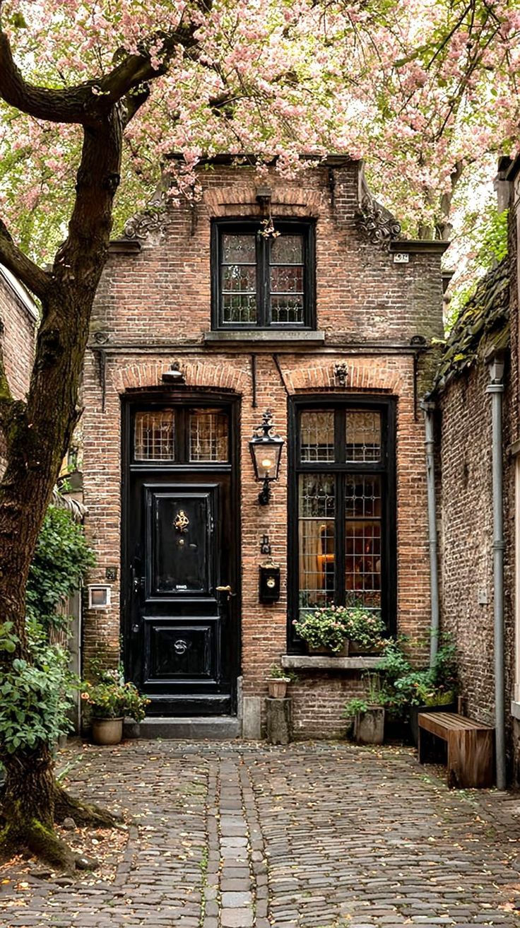 Historic brick house with black door, cobblestone path, and blooming cherry tree. Cozy, rustic ambiance with potted plants and bench.