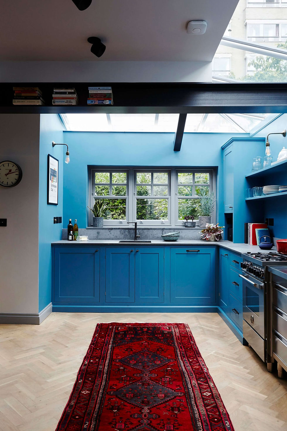 Bright blue kitchen with skylight, red patterned rug, metal appliances, and green plants by window. Light wood floor and modern decor.