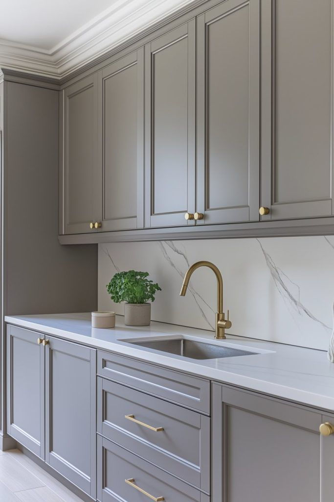 Modern kitchen with gray cabinets, gold hardware, white marble backsplash, and sleek faucet. Potted plant adds a fresh touch.