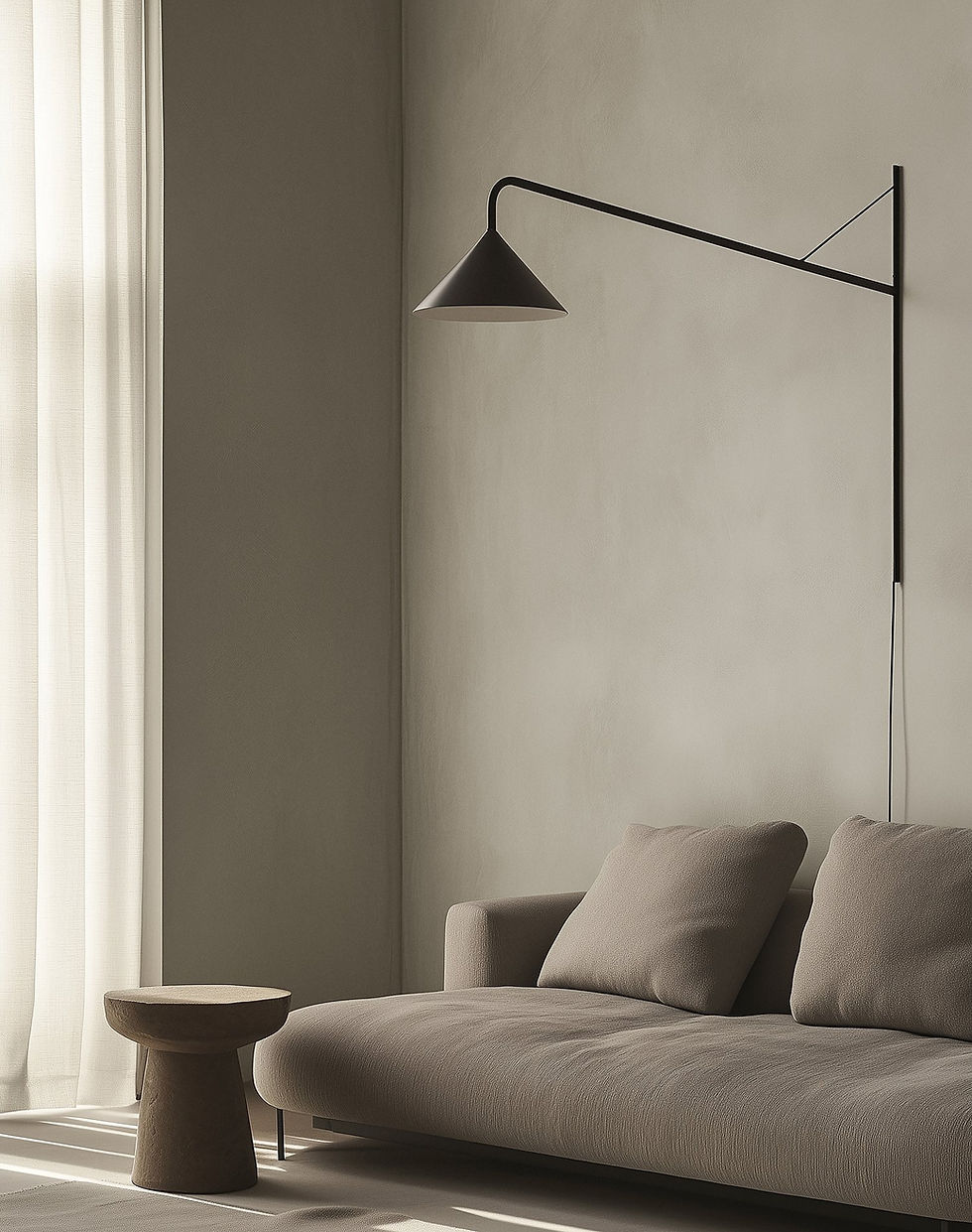 Minimalist living room with a gray sofa, a small wooden table, and a black wall lamp. Soft natural light from a window creates a calm mood.