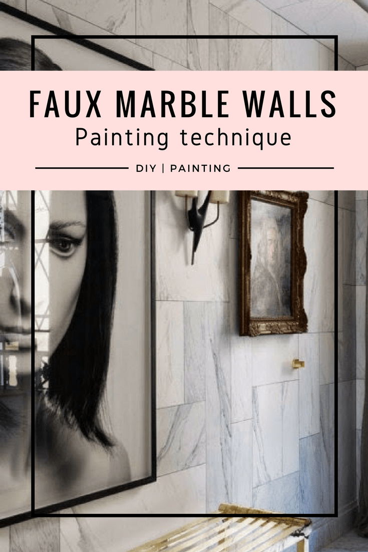 Faux marble wall with a split portrait and framed art. Text overlay reads: "FAUX MARBLE WALLS Painting technique DIY | PAINTING."