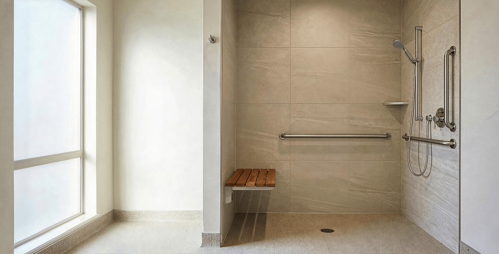Accessible shower with beige tiles, grab bars, and a wooden bench. Sunlight filters through a large window, creating a serene atmosphere.