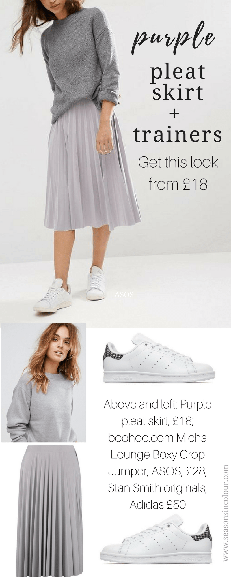 purple pleat skirt grey sweater and white trainers