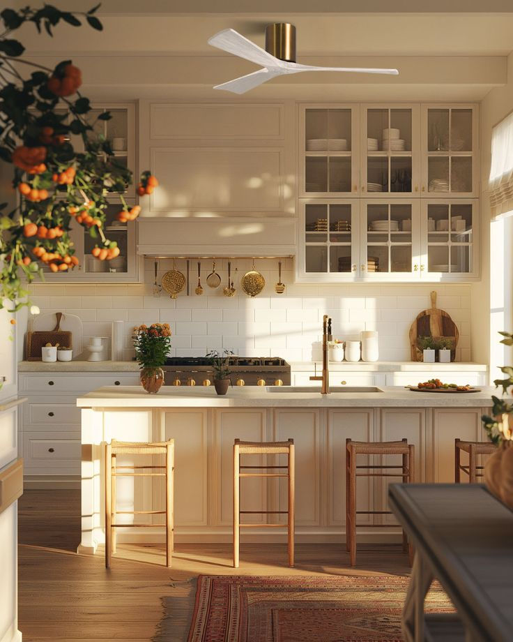 Warm kitchen with cream cabinets, wooden stools, plants, and a white ceiling fan. Sunlit tiles and decor create a cozy ambiance.