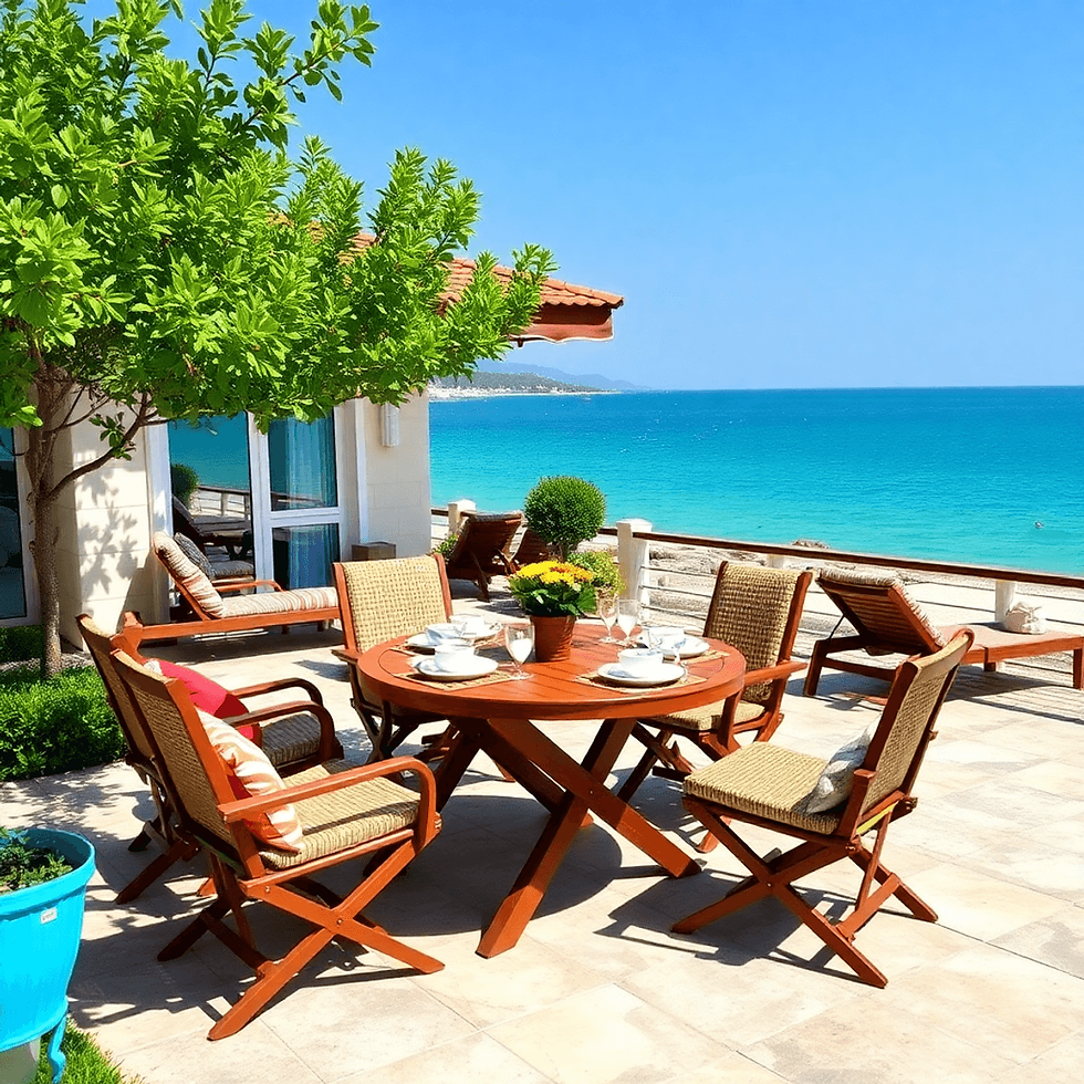 yazlık villa bahçesinde otuma grubu ve deniz