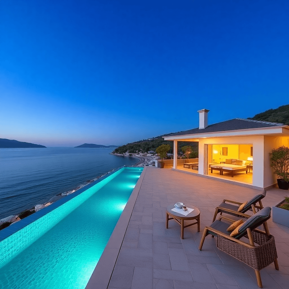 gün batımında lüks villa bahçesinde havuz ve deniz