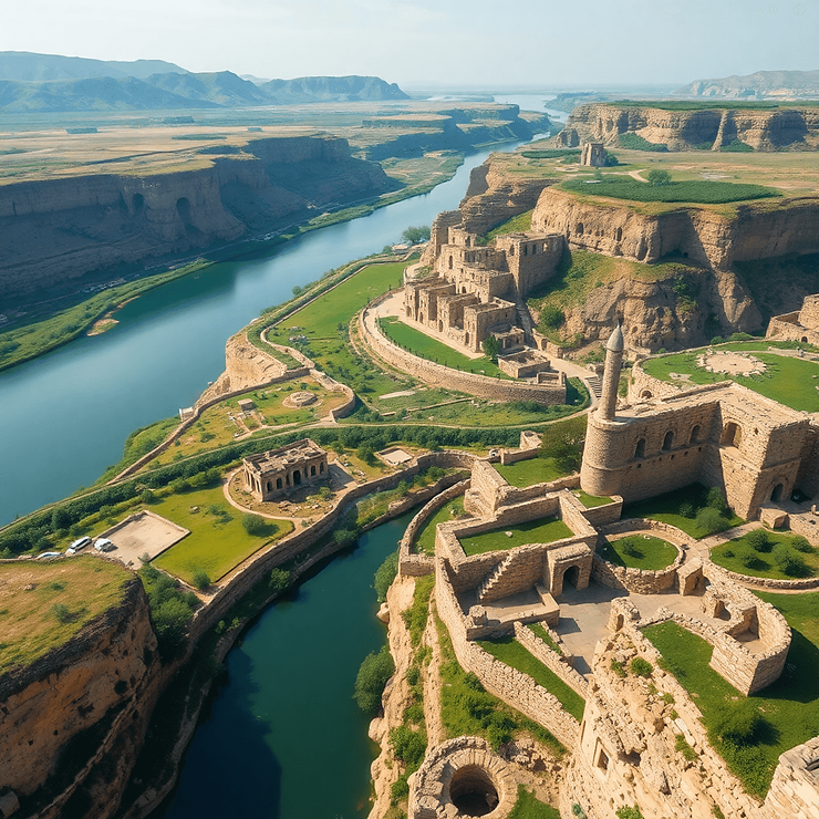 Batman Gezilecek Yerler: Tigris Nehri kıyısındaki antik Hasankeyf şehrinin havadan görünümü, tarihi kalıntılar, yeşil manzaralar ve dramatik kayalıklarla doludur.