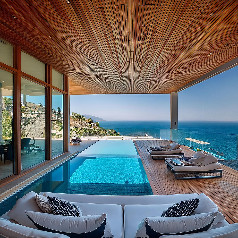 Deniz manzaralı büyük bir camlı villa içi. Minimalist dekorasyon, geniş oturma alanları ve yüksek tavanlarla ferah bir atmosfer. Villanın arka tarafında, geniş açıyla çekilmiş özel yüzme havuzu, çevresinde modern şezlonglar ve Ege Denizi'nin sakin suları.