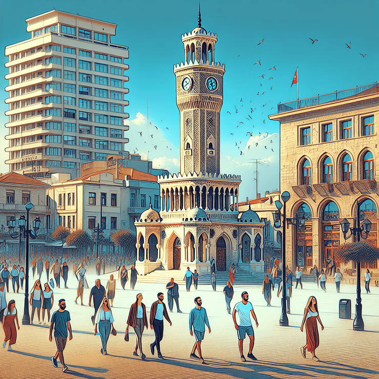 İzmir, Türkiye'nin tarihi Konak Meydanı'ndaki ikonik Saat Kulesi ile merkezi bir şekilde yer alan canlı bir şehir manzarası. Sahne, açık mavi gökyüzü altında güneşli bir günde keyifli bir yürüyüş yapan Kafkas ve Hispanik kökenli insanlarla dolu, hareketli bir atmosfer sunuyor. Görüntü, güzel tarihi mimari ile modern yaşamın dinamik atmosferi arasındaki kontrastı yakalıyor ve meydanı çevreleyen renkli binalar ve yeşilliklerle birlikte geliyor.
