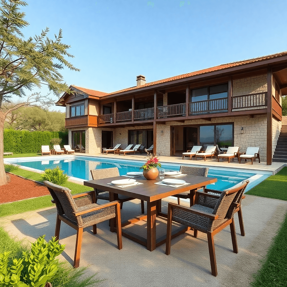 lüks yazlık villa bahöesinde havuz kenarında masa ve sandalyeler