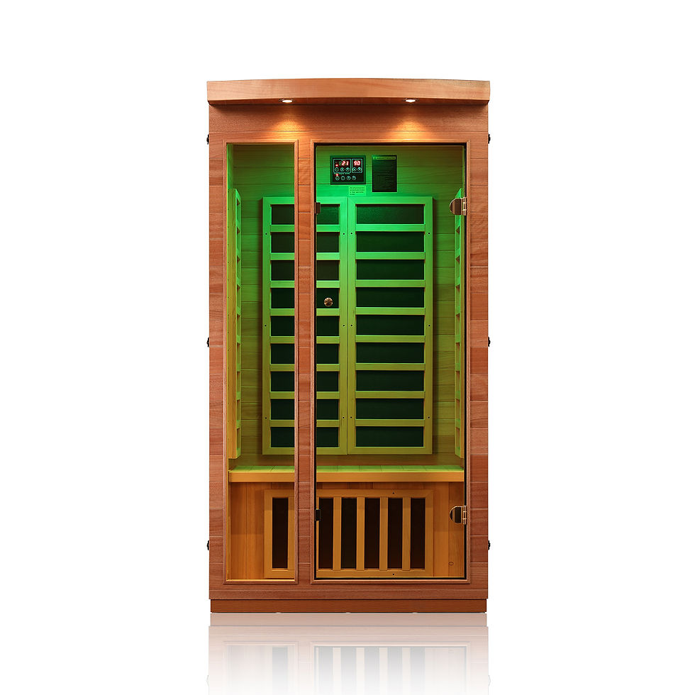 Thumbnail: 1 Person Indoor Bluetooth Low EMF FAR Infrared Sauna In Okoume & Hemlock Wood